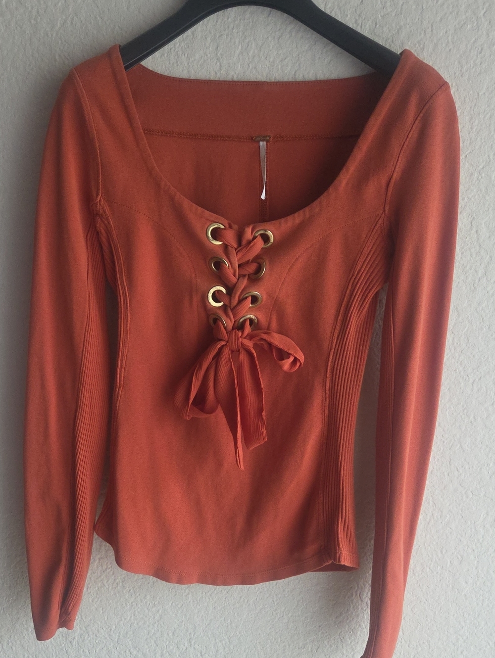 Free People "Looking Back" Rust Lace-Up Long Sleeve Scoop Top